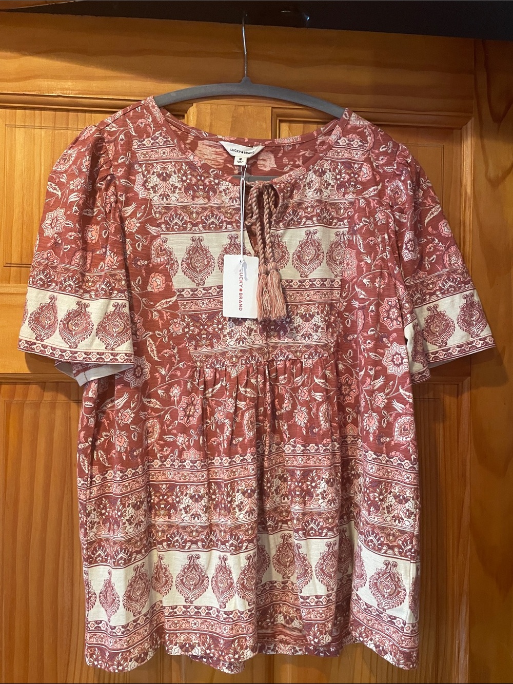 Lucky Brand Rust and Cream Paisley Peasant Tunic